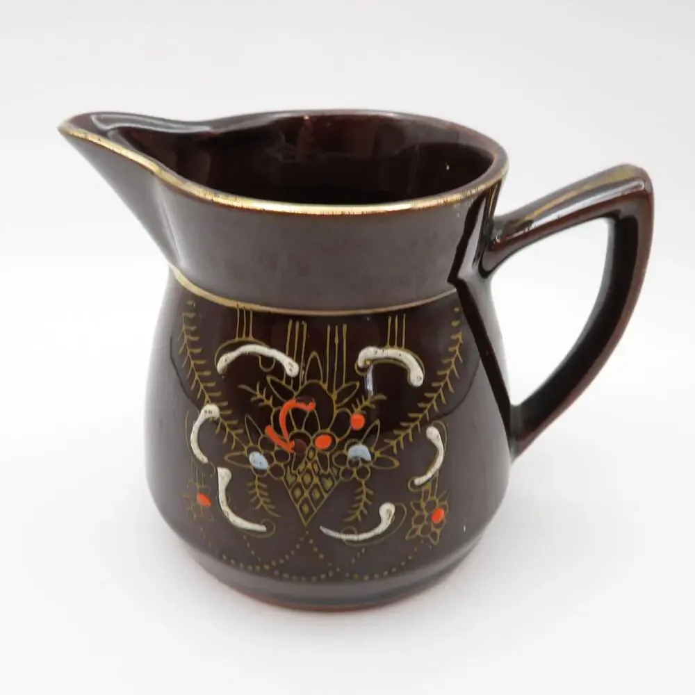 Vintage Japan Redware Moriage Coffee Set Pot, Creamer & Sugar Bowl Brown Floral
